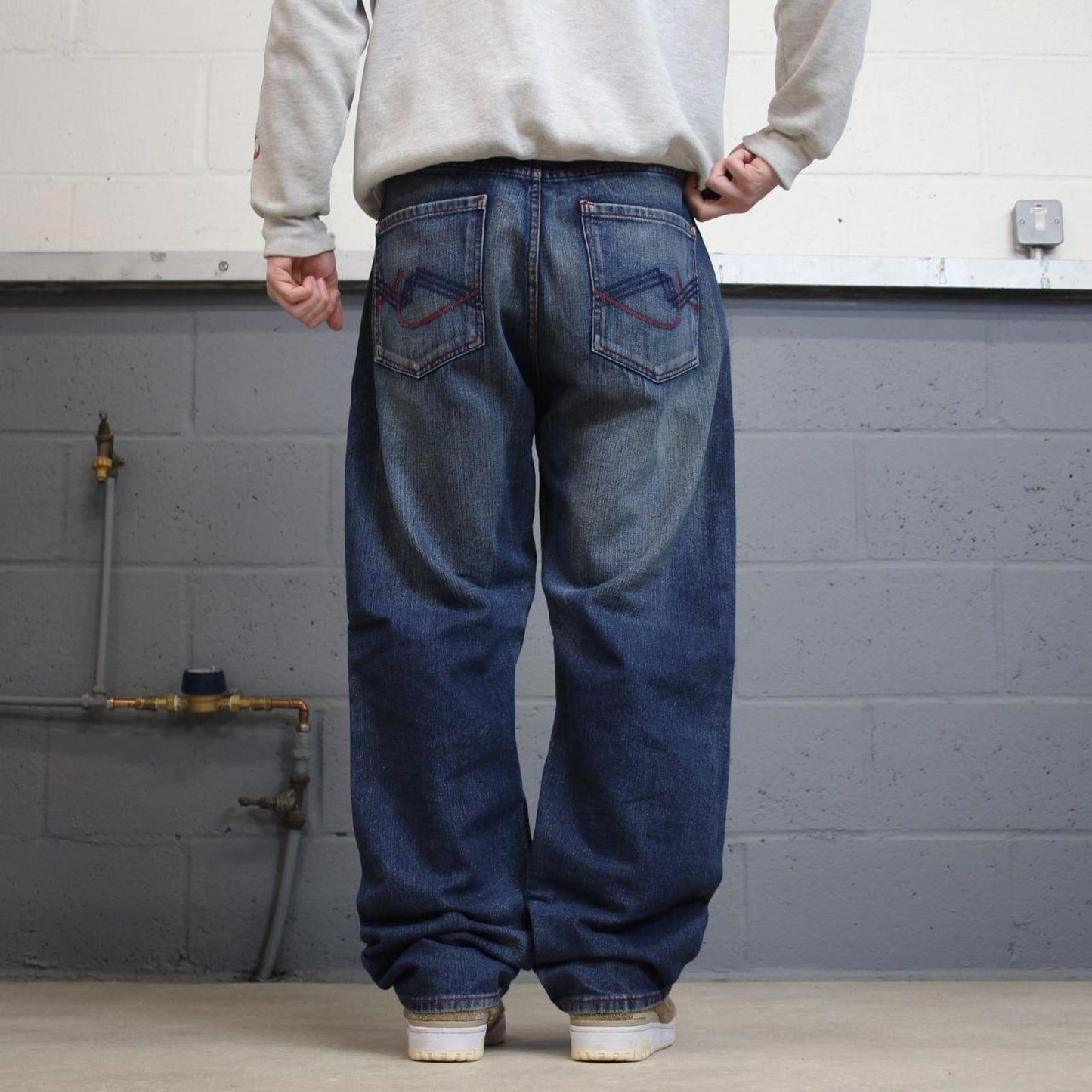 Vintage Y2K embroidered jeans blue Premium loose straight leg denim skater 00s style pants