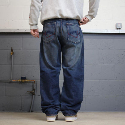 Vintage Y2K embroidered jeans blue Premium loose straight leg denim skater 00s style pants