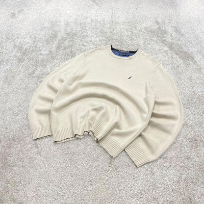 00s Nautica knit sweater jumper embroidered XXL men's beige heavy knitted pull over y2k 00s style