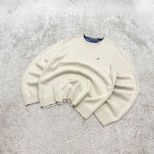 00s Nautica knit sweater jumper embroidered XXL men's beige heavy knitted pull over y2k 00s style