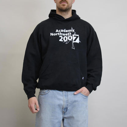Black Russell Athletic hoodie XL Pullover jumper with print design and logos
