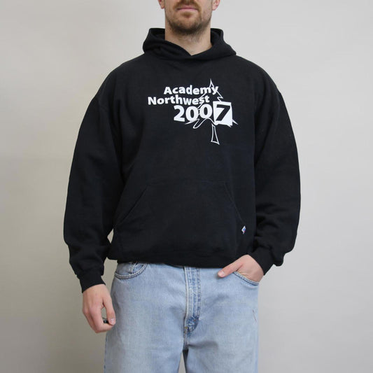 Black Russell Athletic hoodie XL Pullover jumper with print design and logos