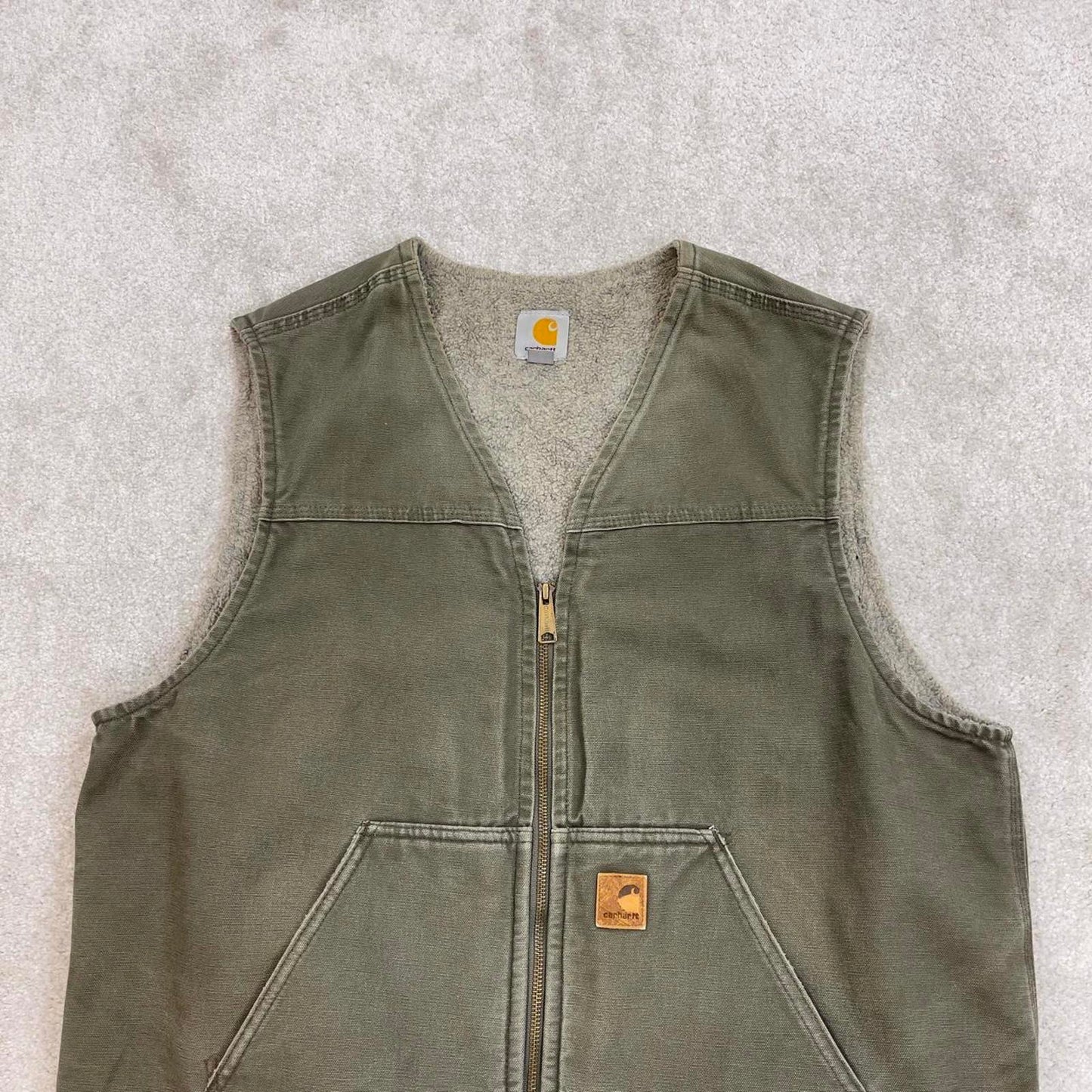 Green vintage Carhartt Gilet XL thick canvas sherpa lined body warmer