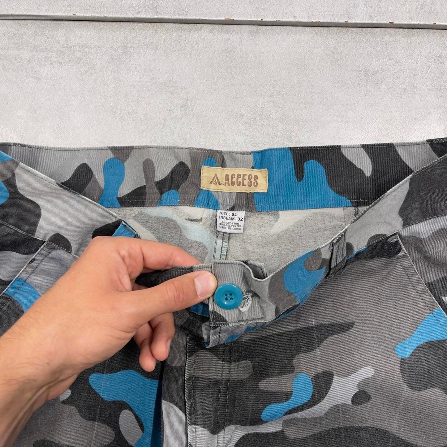 Baggy camo Access cargo pants W34L32 blue grey tiger camouflage y2k style cargos adjustable cuffs
