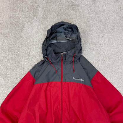 Red grey Columbia technical jacket XL men's y2k style unlined hooded adjustable windbreaker autumn