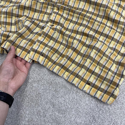 North Face checkered short sleeve shirt yellow brown TNF Festival style surf check shirt