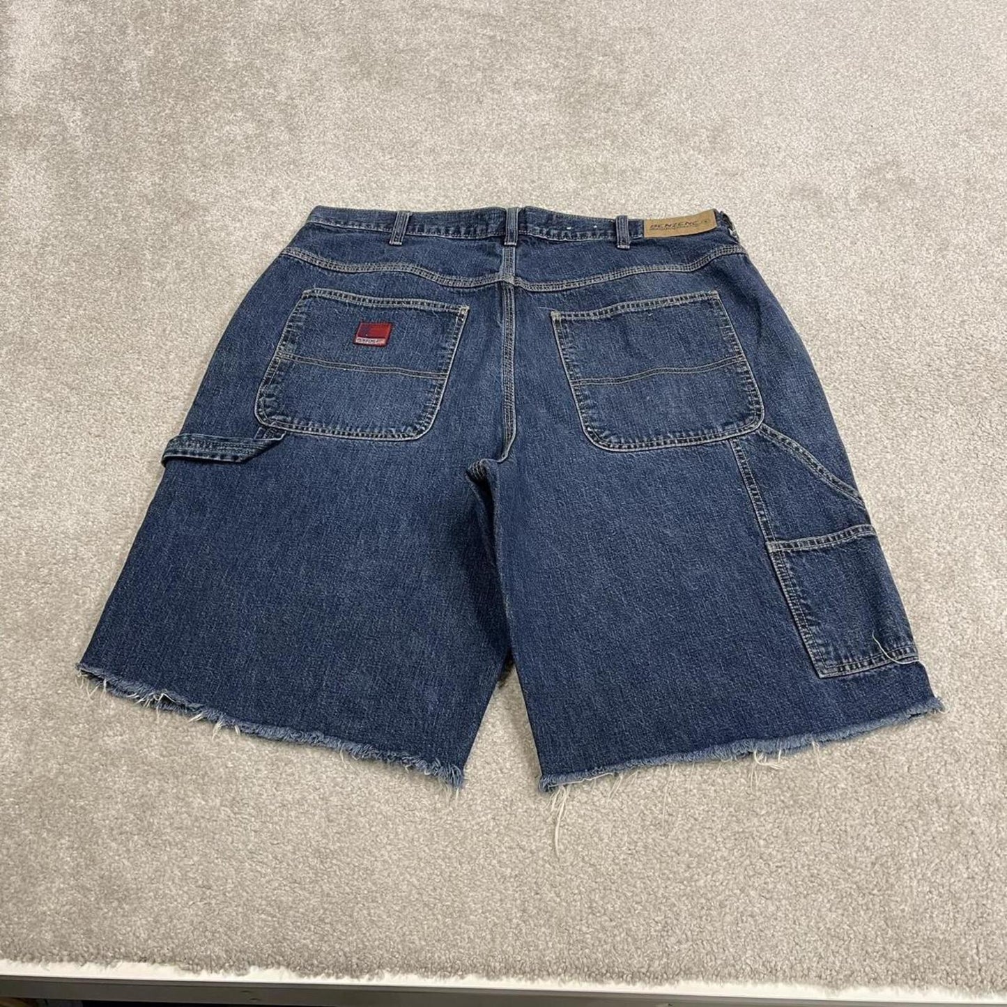 Frayed denim cargo shorts carpenter blue Benzene cut skater style jorts