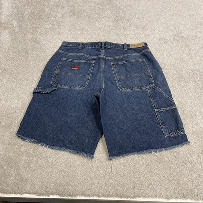 Frayed denim cargo shorts carpenter blue Benzene cut skater style jorts