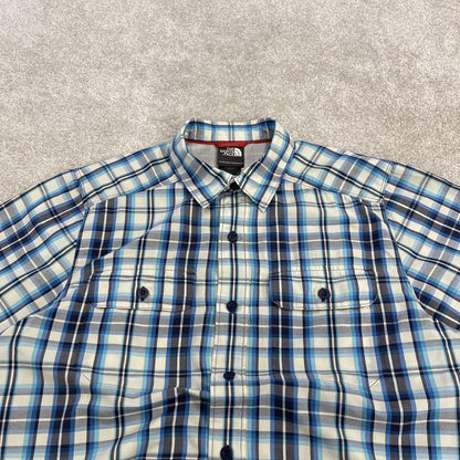 North Face boxy checkered short sleeve shirt blue TNF surf style check shirt style summer festival
