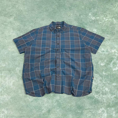 North Face checkered short sleeve shirt blue TNF surf style check shirt style summer festival
