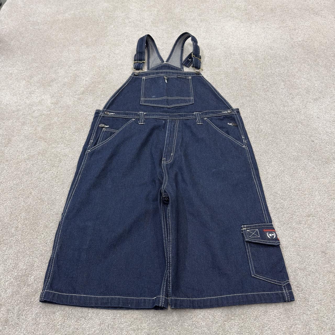 Vintage baggy denim dungaree shorts 00s blue Phat farm detailing and adjustable straps