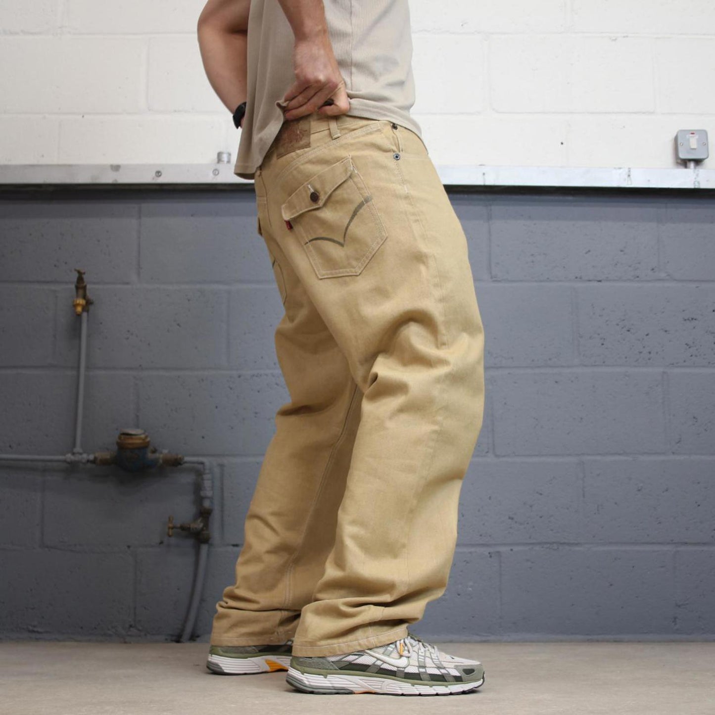 Y2K Hip Hop jeans Tan Fivez W36 L32 Denim skate pants rear pocket designs