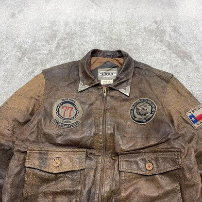 Vintage leather flight aviator bomber jacket brown Fiori boxy genuine leather A-2 style flying coat