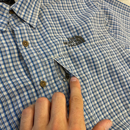 North Face checkered short sleeve shirt blue TNF Festival style surf check shirt