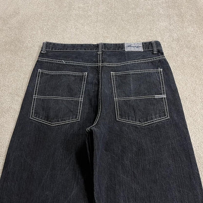 Y2K Brooklyn Xpress baggy jeans wide leg navy blue denim Loose leg surf style pants, embroidered