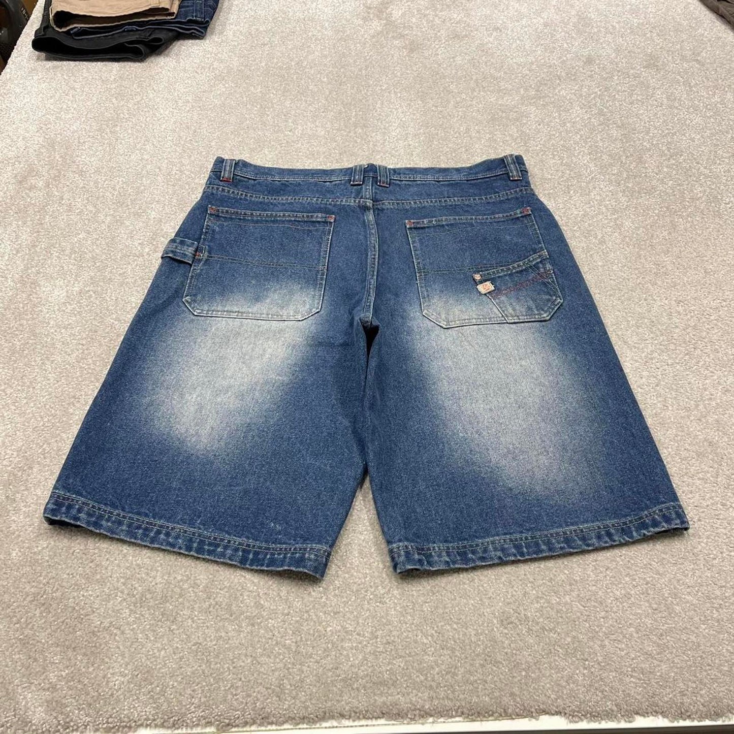 Y2k baggy carpenter shorts skater style blue Brooklyn Xpress long wide denim summer festival jorts