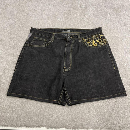 Y2k embroidered denim shorts black Refuse loose short skater style festival jorts
