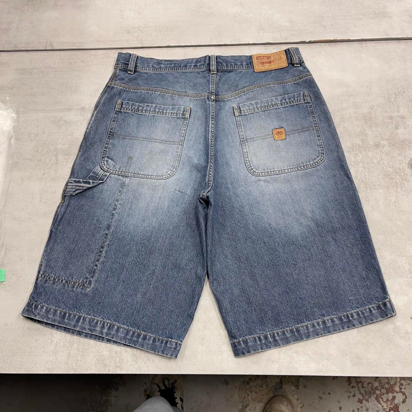 Mens baggy Ecko carpenter jorts W34 blue wide leg 90s style cargo shorts