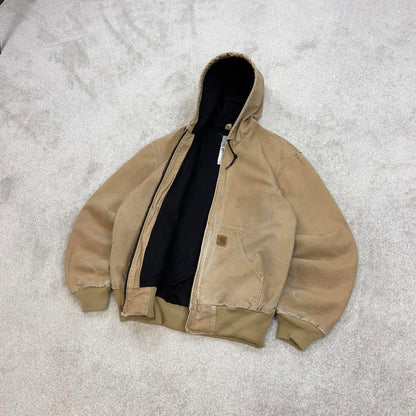 Vintage sand brown Carhartt hooded active jacket Medium technical canvas 90s style skater bomber