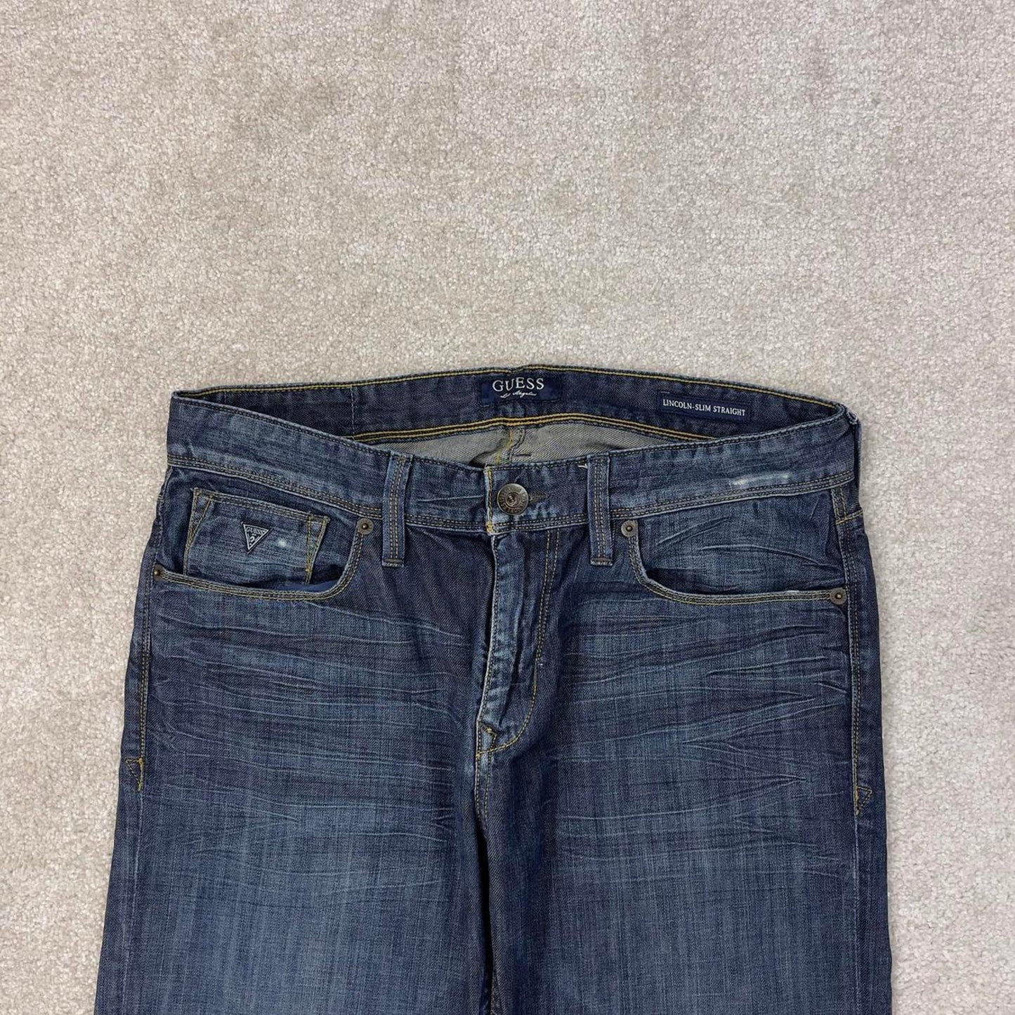 Blue Guess jeans W34L30 blue slim straight y2k 00s style jeans embroidered stitch detail