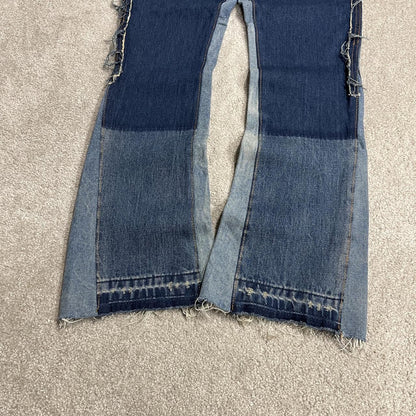 Y2K mnml bootcut jeans W32L36 patch work blue denim Slightly flared carpenter jeans reworked style