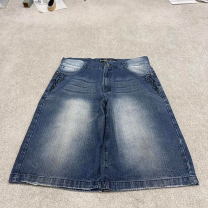 Y2k baggy denim shorts skater style blue Loose Brooklyn Xpress wide leg summer festival shorts