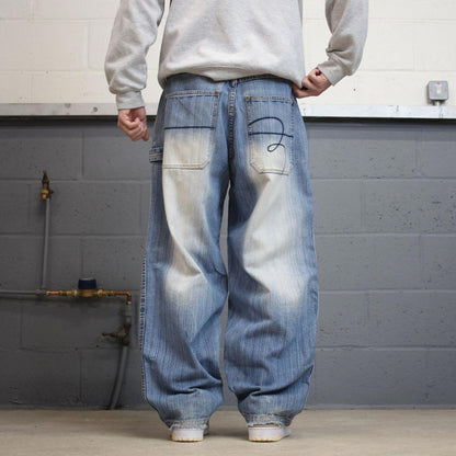 Y2K baggy embroidered jeans wide leg blue Knobetta loose fit denim skater style pants