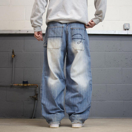 Y2K baggy embroidered jeans wide leg blue Knobetta loose fit denim skater style pants