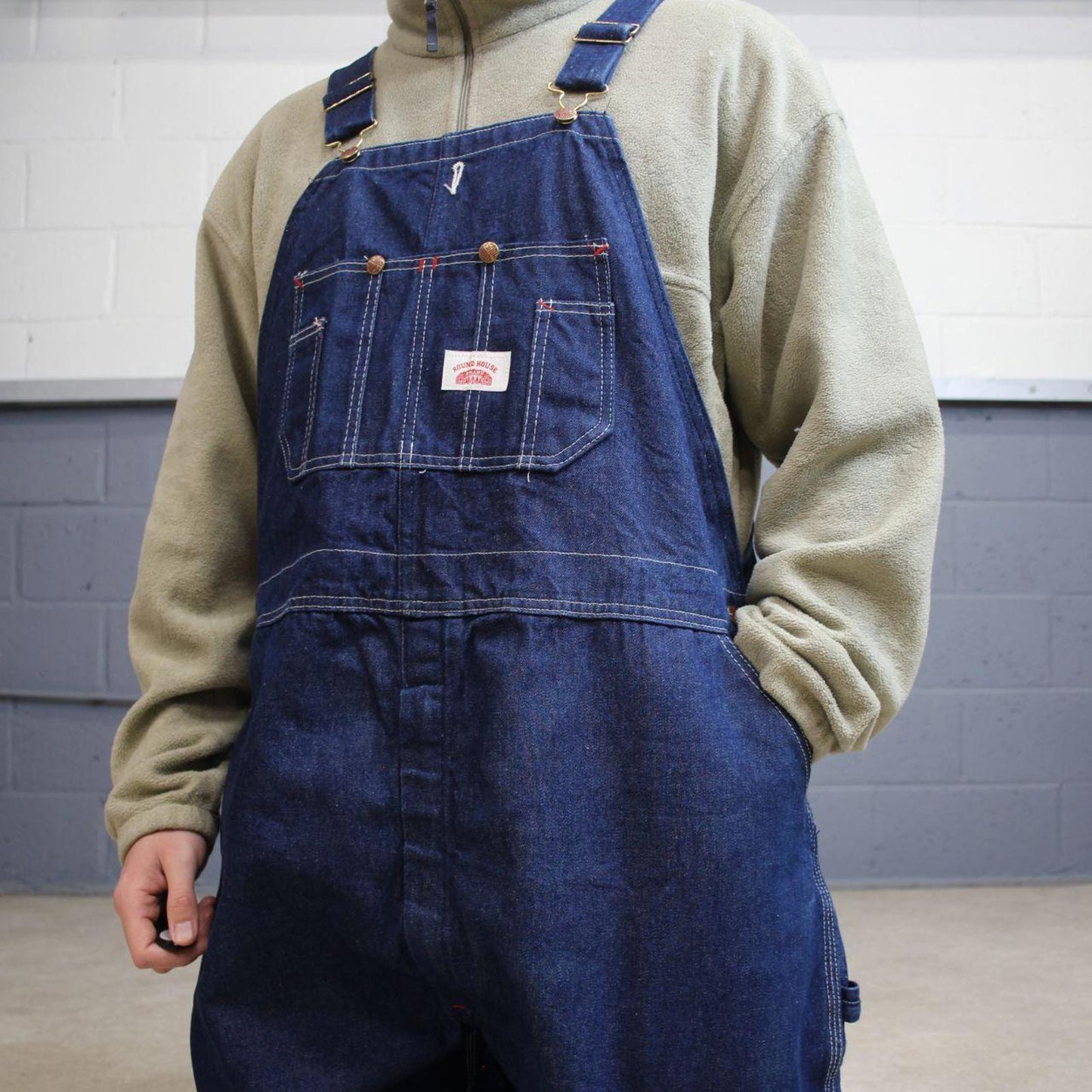 Vintage y2k baggy denim Dungarees loose leg blue Round House workwear bib & brace overalls utility