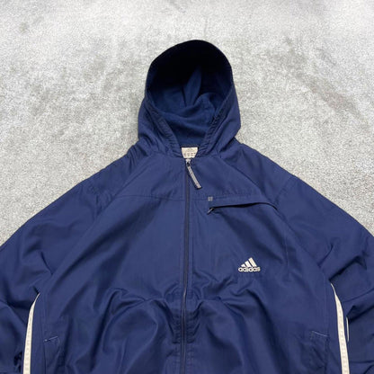 Vintage Y2K adidas windbreaker jacket navy Fleece lined embroidered stripe hooded technical coat