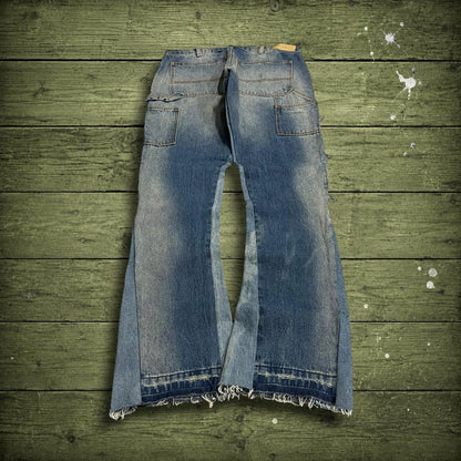 Y2K mnml bootcut jeans W32L36 patch work blue denim Slightly flared carpenter jeans reworked style