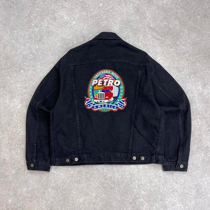 Embroidered denim trucker jacket M black boxy embroidered denim jacket