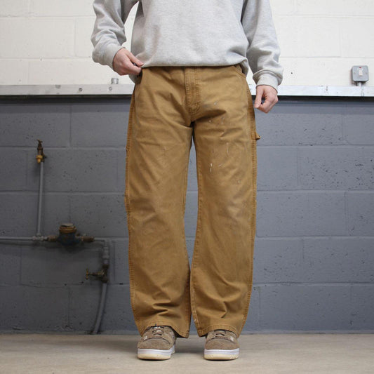 Tan Dickies carpenter jeans W36L30 loose canvas cargo 90s skate style pants patch logo
