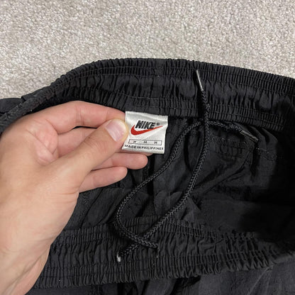 Y2K Nike pleated tracksuit bottoms black Medium drawstring swoosh logo track pants