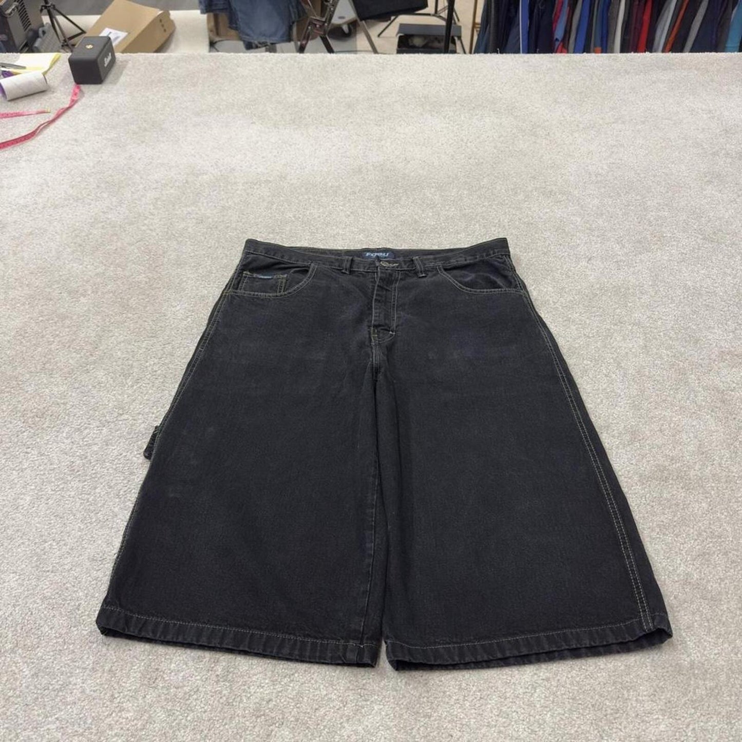 Baggy extra long denim shorts y2k cargo black FOBU wide leg skater style brand surf jorts