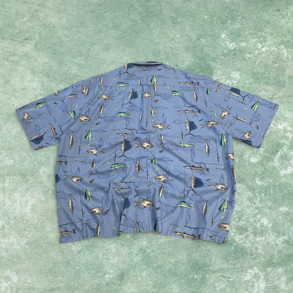 Columbia funky pattern short sleeve shirt y2k blue Festival surf style fishing design summer shirt