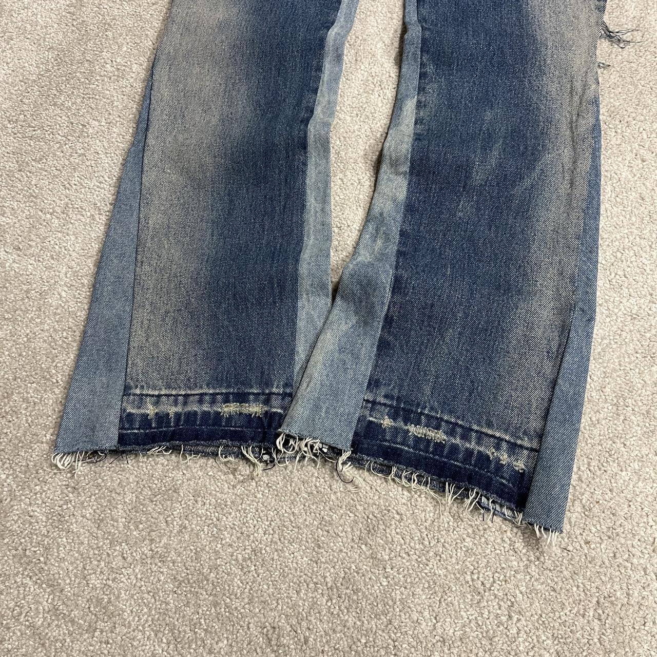 Y2K mnml bootcut jeans W32L36 patch work blue denim Slightly flared carpenter jeans reworked style