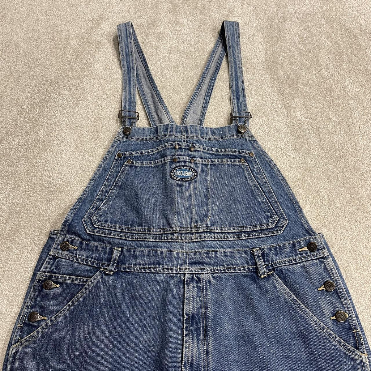 Y2K PACO baggy dungarees thick denim overalls blue Patch logos and adjustable straps