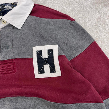 Burgundy grey Tommy Hilfiger vintage style rugby shirt Medium classic striped long sleeve polo loose