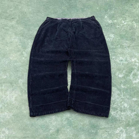 Vintage baggy pleated corduroy pants navy St Bernard wide wale chunky jumbo cord trousers