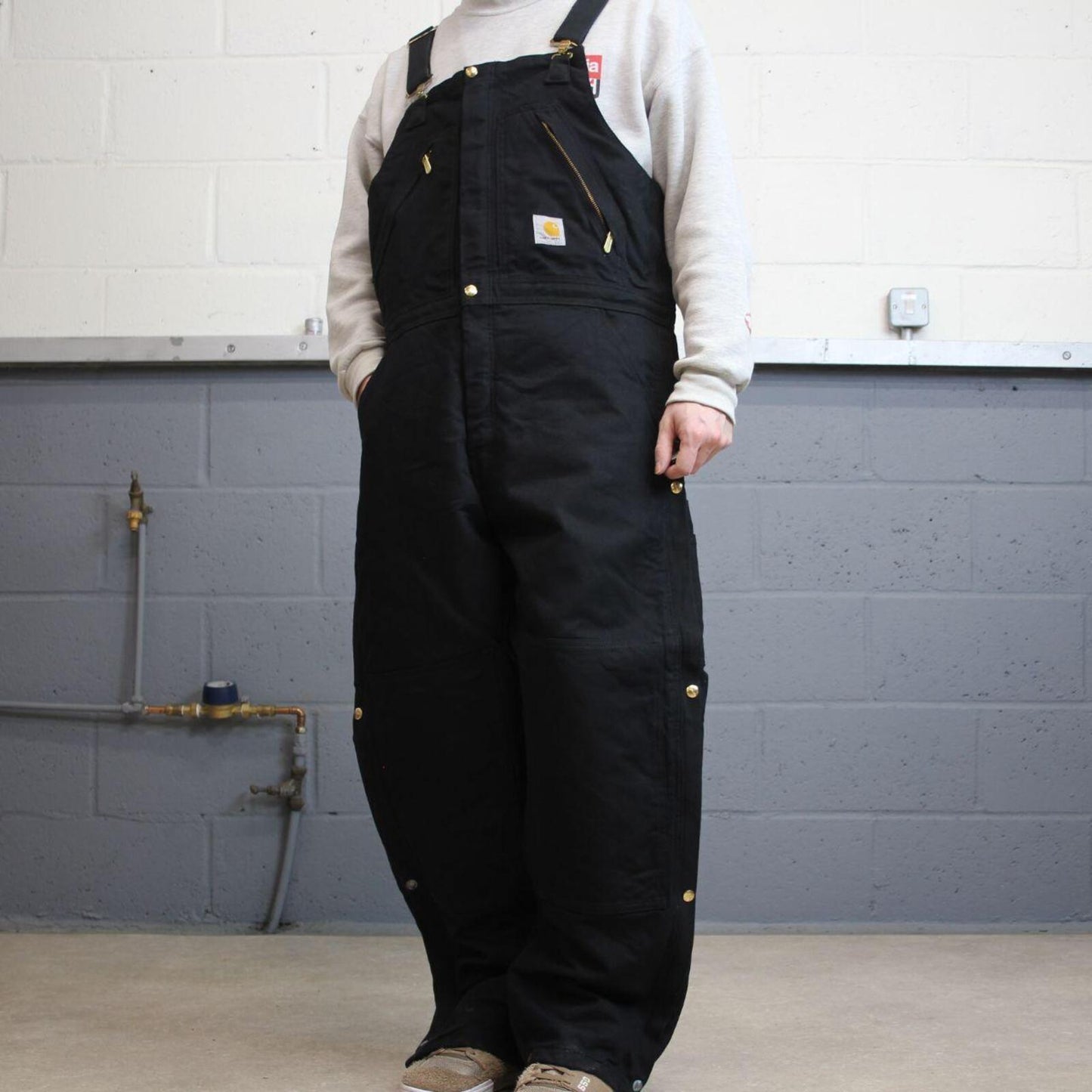 Vintage baggy Carhartt dungarees wide leg black Canvas quilt lined bib & brace overalls