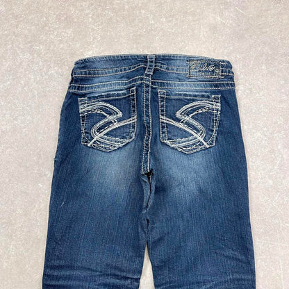 Blue Silver y2k style jeans W29L30 embroidered designs