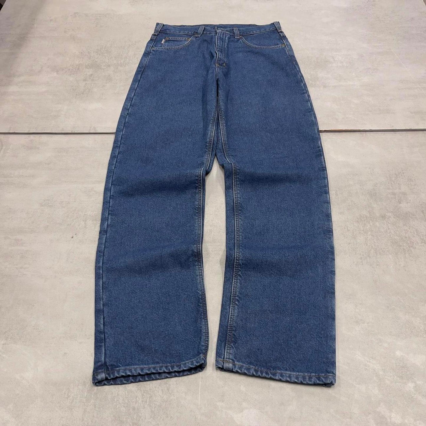 Blue Denim Carhartt flannel lined jeans W32L34 baggy 90s style thick denim loose leg