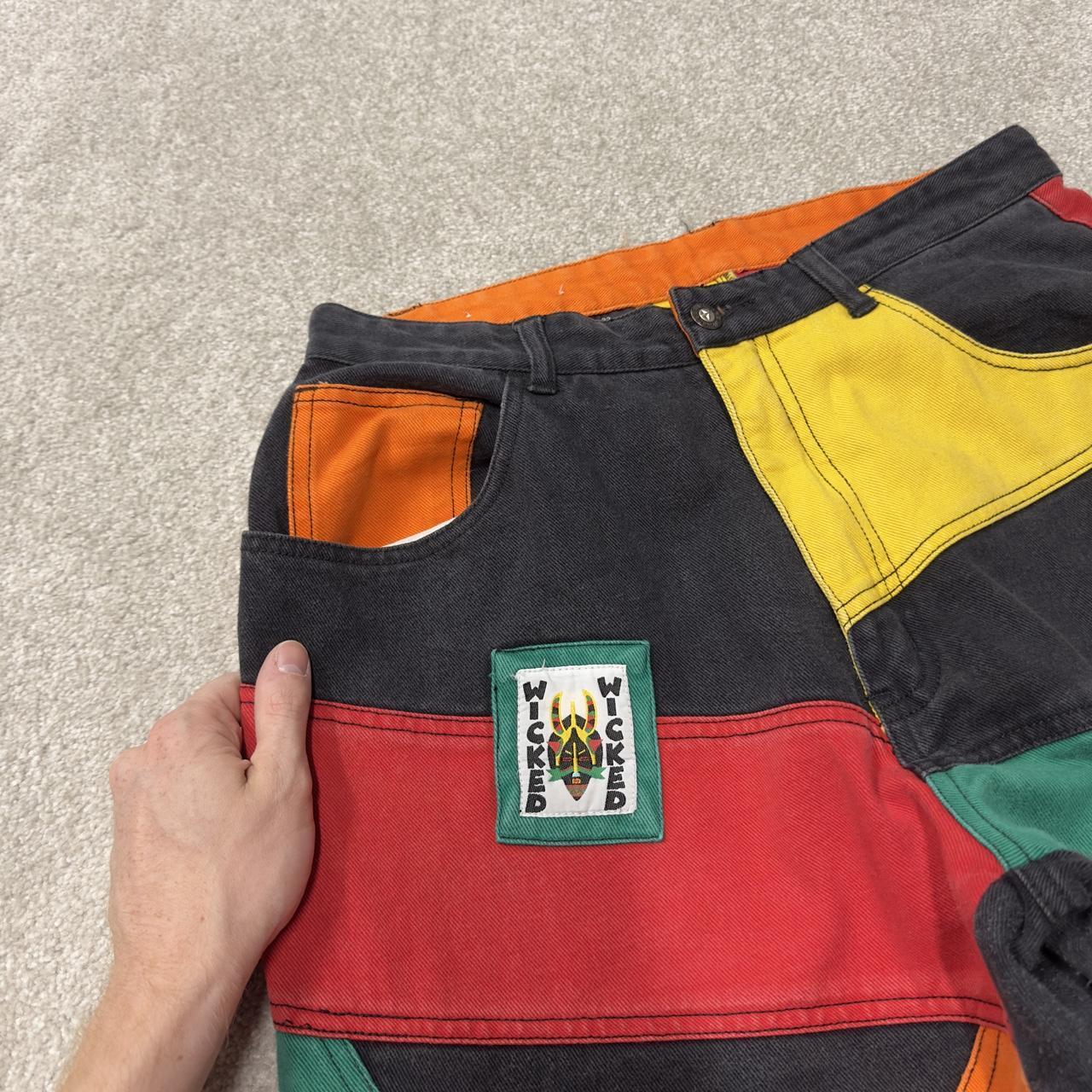 Y2K Wicked colour block patchwork jeans W32L33 multicoloured denim Loose festival rave pants
