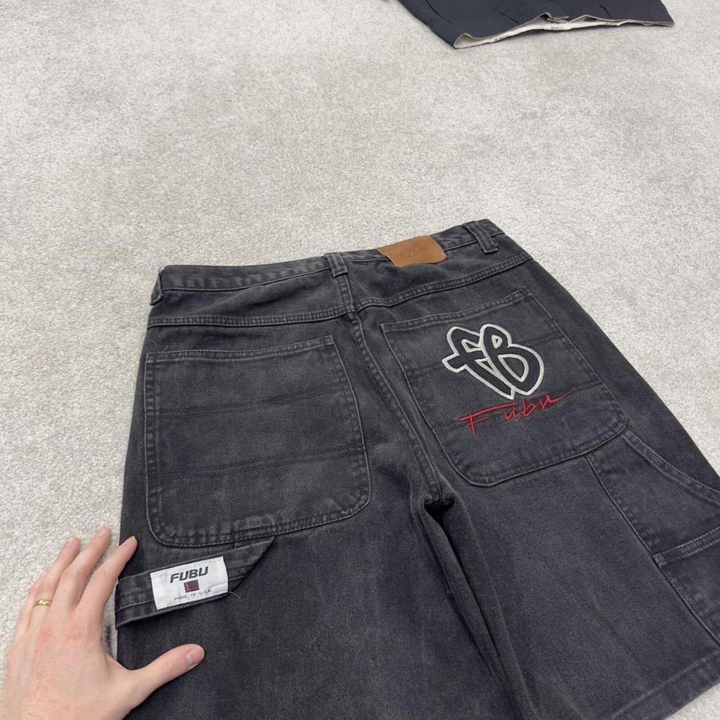 Baggy denim carpenter shorts cargo black Loose skater style surf jorts FUBU embroidered