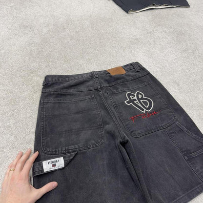 Baggy denim carpenter shorts cargo black Loose skater style surf jorts FUBU embroidered