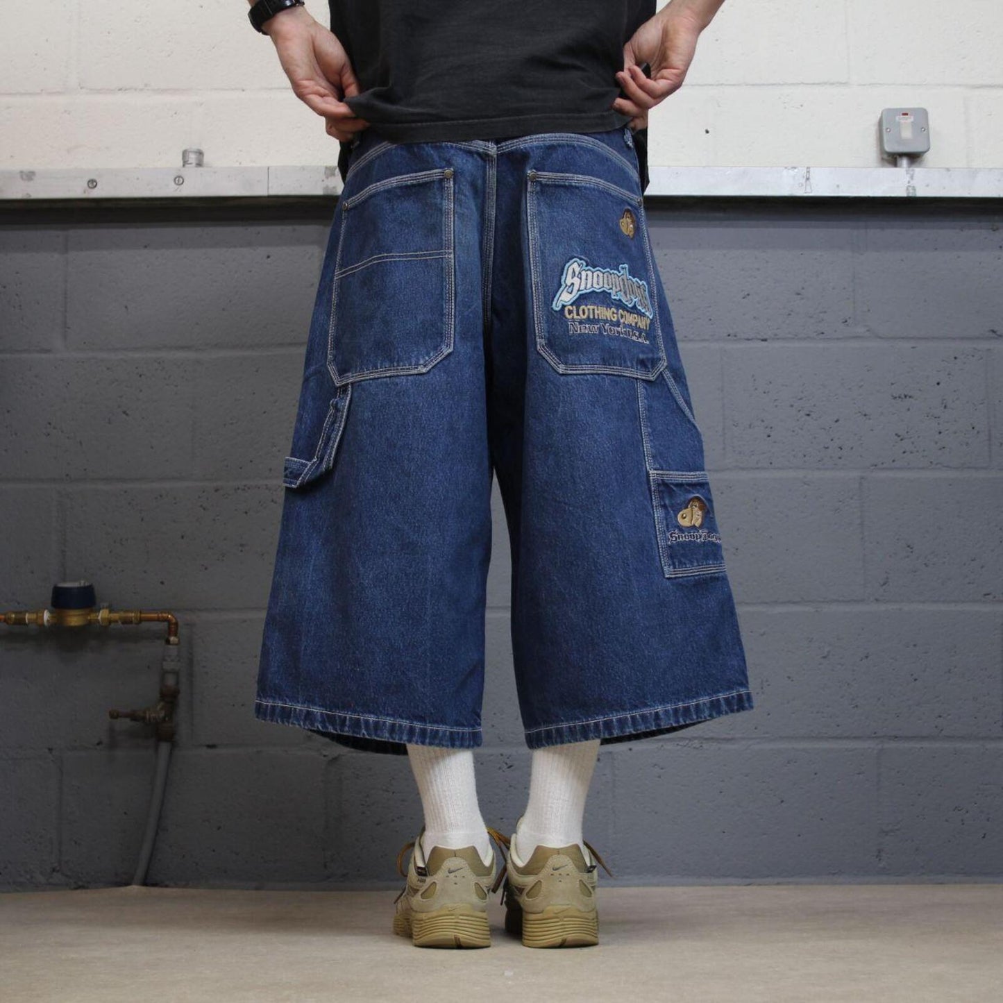 Extra baggy embroidered denim shorts blue Snoop Dogg long hip-hop skater carpenter  jorts