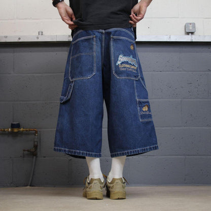 Extra baggy embroidered denim shorts blue Snoop Dogg long hip-hop skater carpenter  jorts