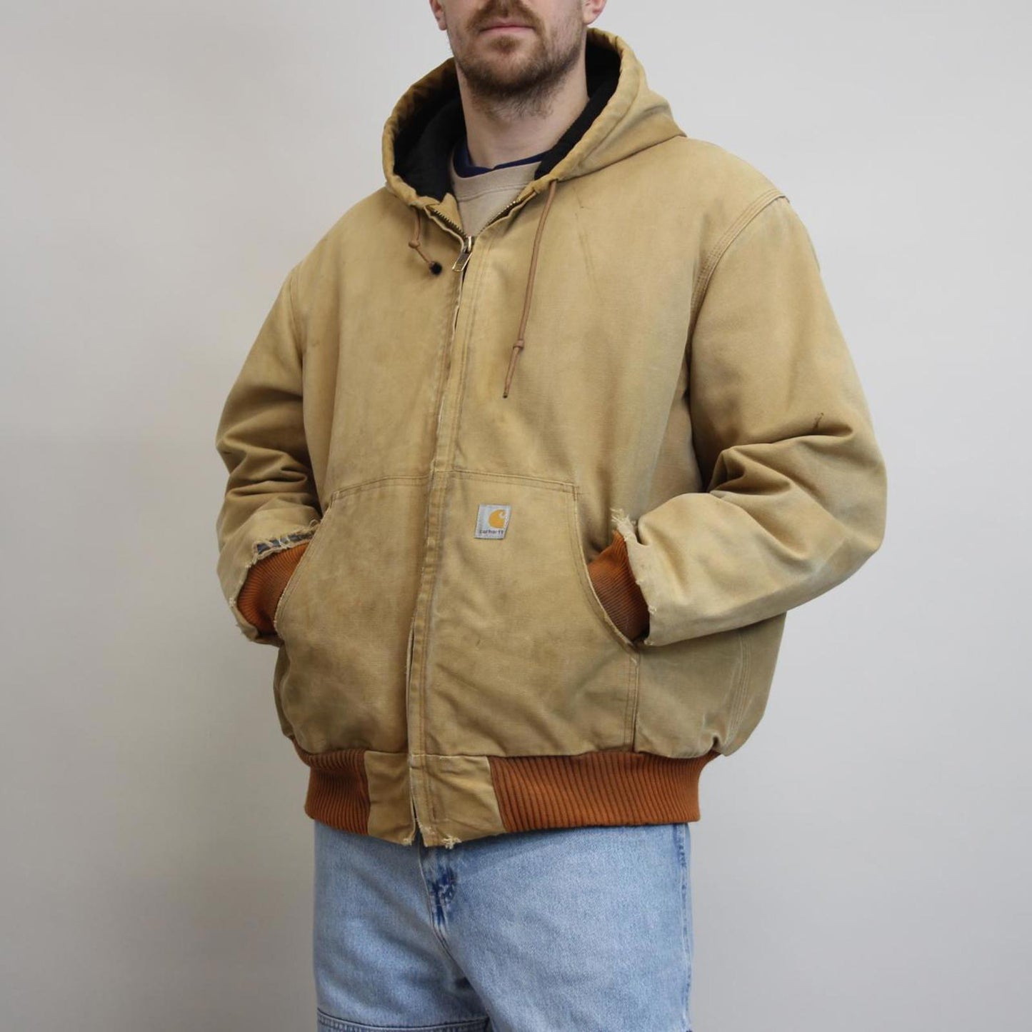 Vintage hooded Carhartt jacket XL hamilton brown canvas bomber style workwear