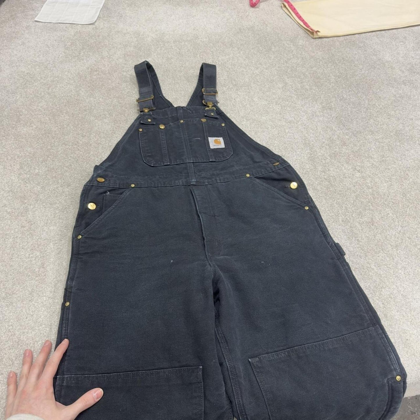 Vintage y2k Carhartt dungarees loose leg faded black Canvas quilt lined bib & brace overalls